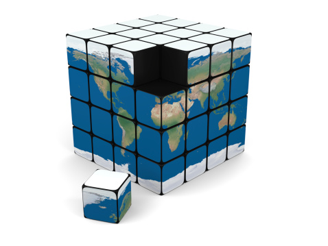 Concept of planet Earth made of cubes, isolated on white background. Elements of this image furnished by NASA.