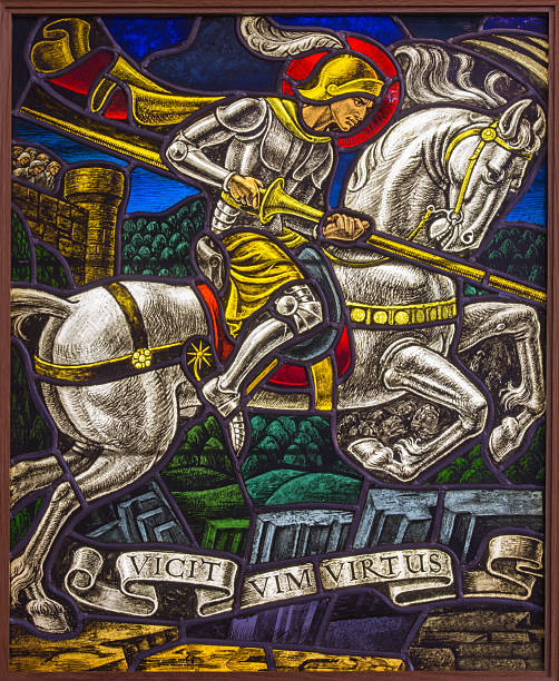 Antwerp - Windowpane of duel of St. Georeg with the Devil form 20. cent. in Joriskerk or st. George church on September 6, 2013 in Antwerp, Belgium