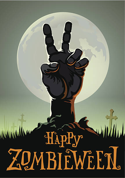 ilustraciones, imágenes clip art, dibujos animados e iconos de stock de fondo de halloween zombie con mano - zombie halloween cemetery human hand