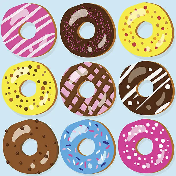 Vector illustration of Set of 9 assorted doughnut icons with different toppings