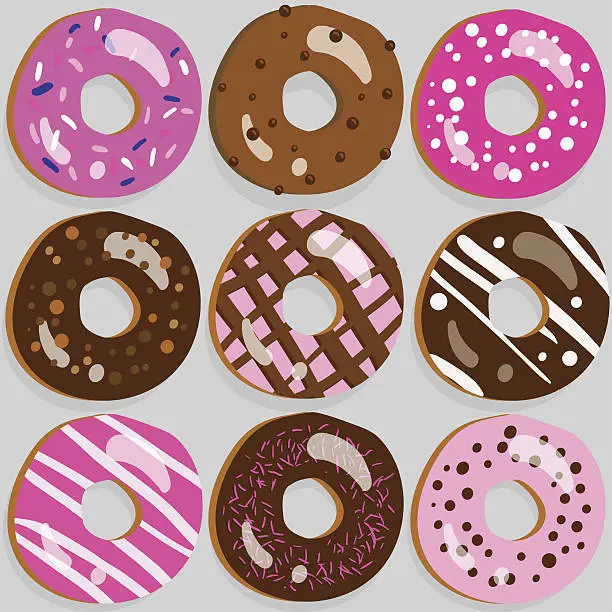 Vector illustration of Set of 9 assorted doughnut icons with different toppings