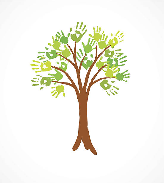 ilustraciones, imágenes clip art, dibujos animados e iconos de stock de árbol verde con hojas hechas de huella - tree growth cultivated sapling