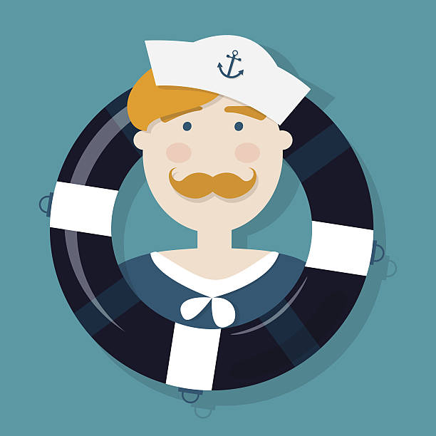 Cute ginger sailor cartoon character in a lifebuoy Cute ginger sailor cartoon character in a lifebuoy sinking ship pictures pictures stock illustrations