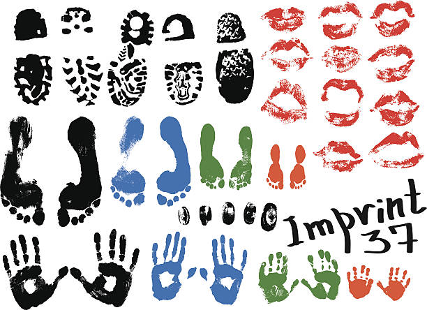 imprint Image of various prints and footprints of adults, children and shoes. kids dirty shoes stock illustrations