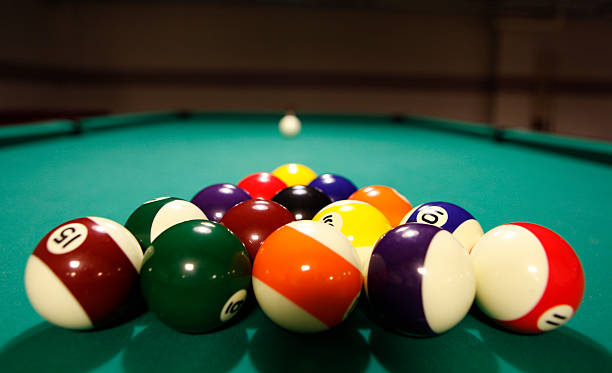 istock Color balls in triangle, aiming at cue ball 466394942