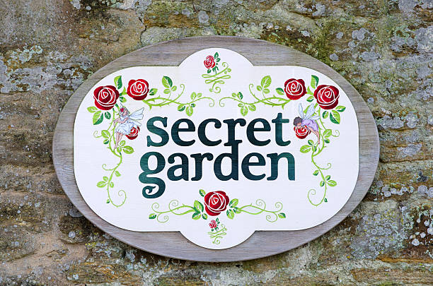 Secret garden sign on weathered stone wall