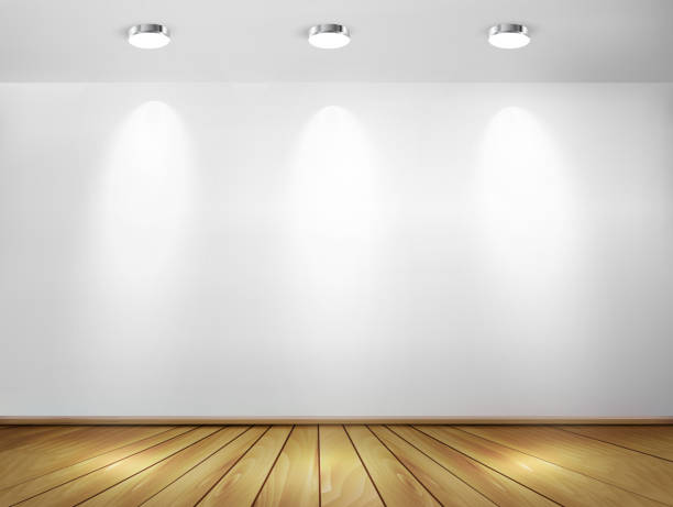 istock Wall with spotlights and wooden floor. Showroom concept. Vector 466397809