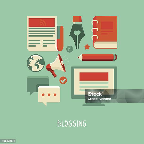 Blogging And Writing Vector Flat Icons Stock Illustration - Download Image Now - Article, Binoculars, Blogging