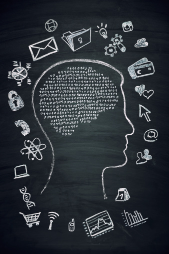blackboard concept - modern man with binary brain and different business symbols around the head - drawn on a blackboard
