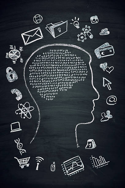 binary man blackboard concept - modern man with binary brain and different business symbols around the head - drawn on a blackboard information overload photos stock pictures, royalty-free photos & images