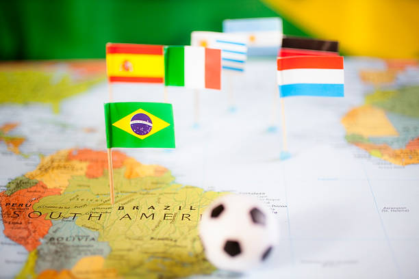 istock Sports:  Brazil.  Map, soccer ball, flag. 466400195