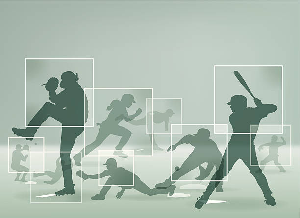 ilustraciones, imágenes clip art, dibujos animados e iconos de stock de jugador de béisbol montaje plano - baseball silhouette pitcher playing