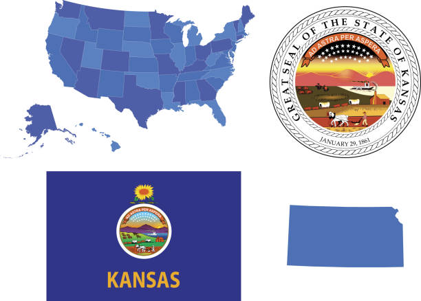 ilustraciones, imágenes clip art, dibujos animados e iconos de stock de de kansas state - state seal