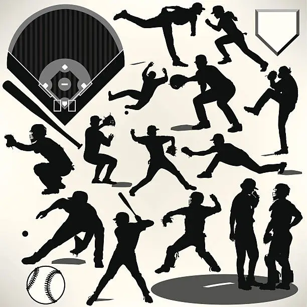 Vector illustration of Baseball Players, Bat, Ball, Pitcher, Catcher, Batter