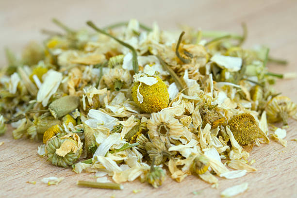 Pile of dry chamomile. stock photo