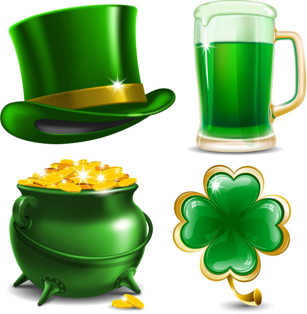 Set of four illustrations for St. Patrick's Day Set of St. Patrick's Day symbols.  Vector illustration leprechaun hat stock illustrations