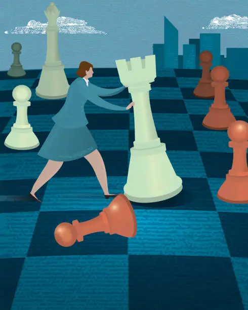 Vector illustration of Business strategy concept - Businesswoman on chessboard with chess piece