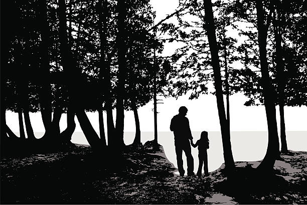 CedarShade A father and daughter hold hands watching the lake from the trees. girl silouette forest illustration stock illustrations