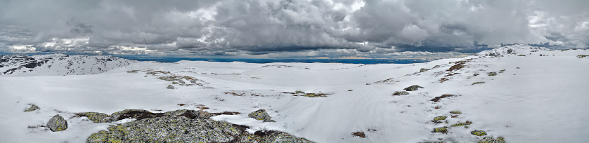 Scenic panorama of frosty landscape in Norway