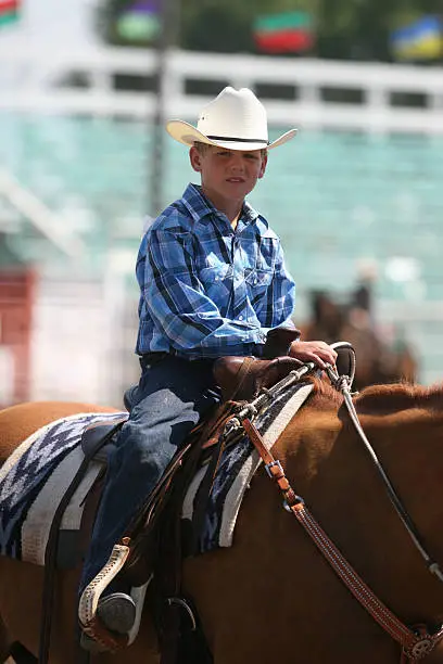 Cowboy riding a horse in an arena during fair