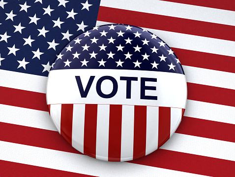 Vote on US America election day concept. VOTE text patriotic stars and american flag background. 3d illustration