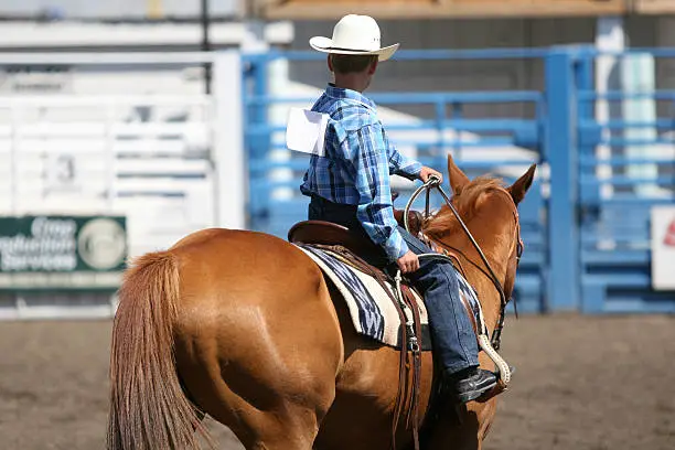 Cowboy riding a horse in an arena during fair