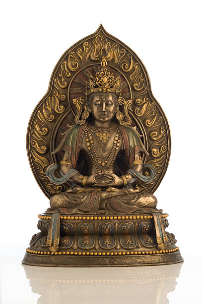 Brass Buddha figurine on a white background.