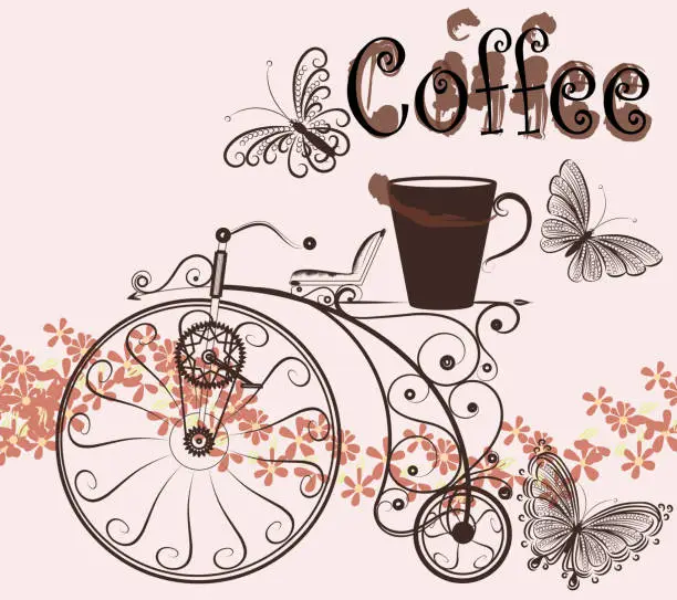 Vector illustration of Coffee background with swirl old-fashioned bicycle and coffee cu