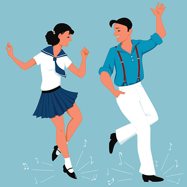 Tap Dance Young couple dressed in vintage fashion tap-dancing, music notes flying from under their feet, vector illustration, no transparencies, EPS 8 tapping stock illustrations