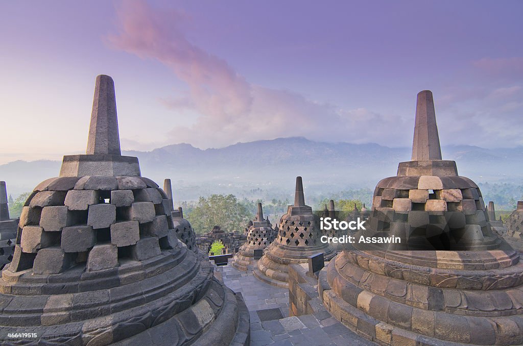 Sunrise Borobudur Temple Stupa in Yogyakarta, Java, Indonesia. Architecture Stock Photo