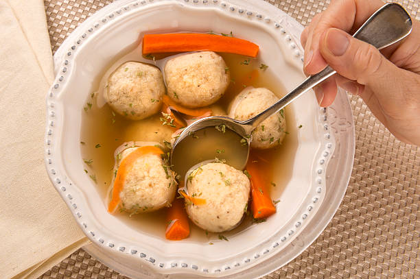 Traditional Matzah Ball Soup for Passover stock photo