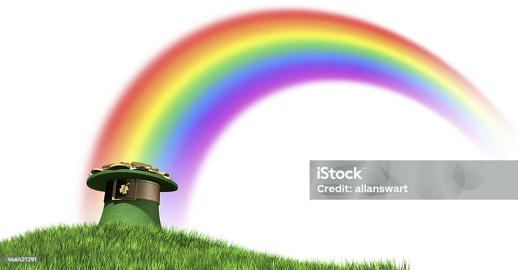 Leprechaun Hat With Gold On A Grassy Hill A green leprechaun hat with a brown belt emblazened with a gold shamrock and overflowing with gold pieces at the end of a rainbow on a green grass hill with a clear blue sky background Bar - Drink Establishment Stock Photo