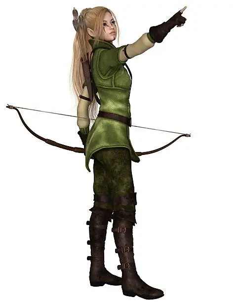 Fantasy illustration of a blonde female elf archer with bow and arrows dressed in green and brown, pointing upwards, 3d digitally rendered illustration isolated on white.