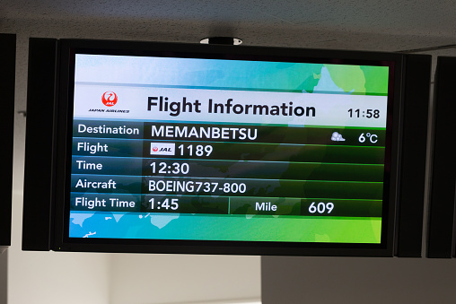 Tokyo, Japan - November 25, 2013 : Flight Information Sign in Tokyo International Airport, Japan. The flight is going to Memanbetsu Airport in Hokkaido, Japan.