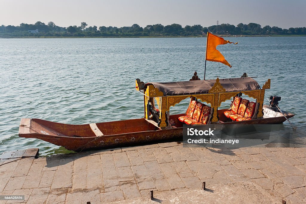 Boat on Narmada River at Maheshwar 2015 Stock Photo