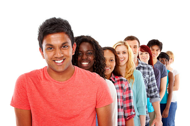 istock Happy young multi-ethnic people standing in line 466431399