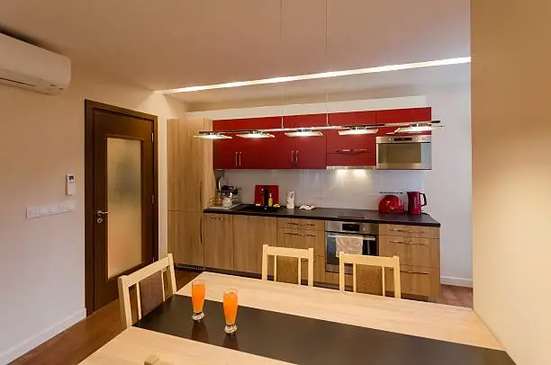 Living room with kitchen site and dining-table in renovated apartment in Sofia, Bulgaria
