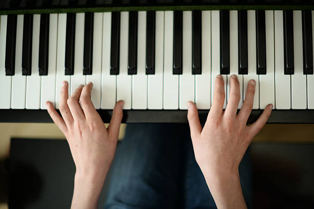 istock Overhead shot of hands on piano 466441756