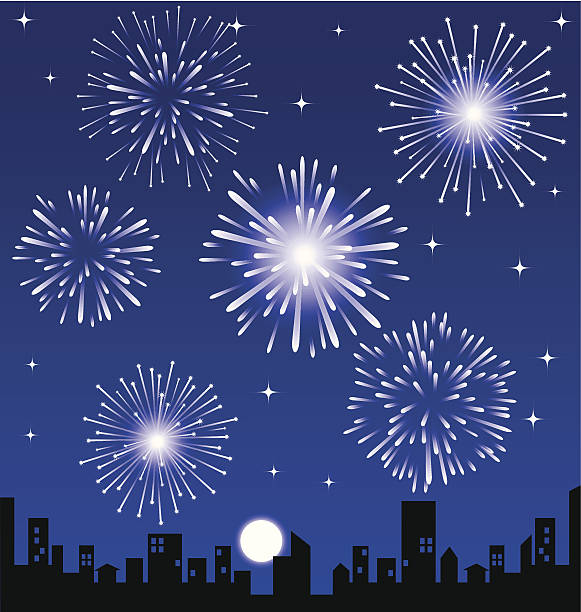 illustrazioni stock, clip art, cartoni animati e icone di tendenza di fuochi d'artificio sopra la città di notte, vettore illustrati - firework display pyrotechnics exploding star