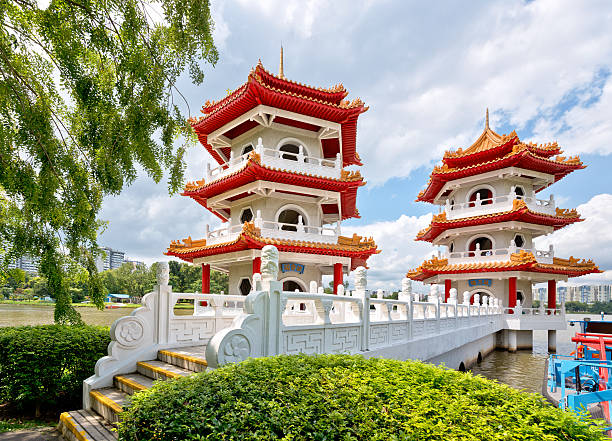 双塔、シンガポールの中国庭園 - temple singapore city singapore buddhism ストックフォトと画像