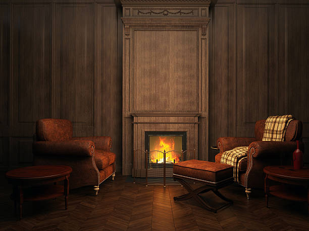 istock Vintage room with leather armchairs and burning fireplace 466442277