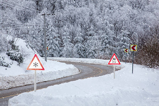 istock snowy highway with road signs 466445210