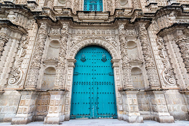 Cajamarca Cathedral Facade Entrance to the ornate cathedral in Cajamarca, Peru cajamarca region stock pictures, royalty-free photos & images
