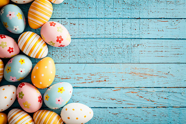 istock Easter Eggs on Old Blue Wood - Season Background Frame 466445766
