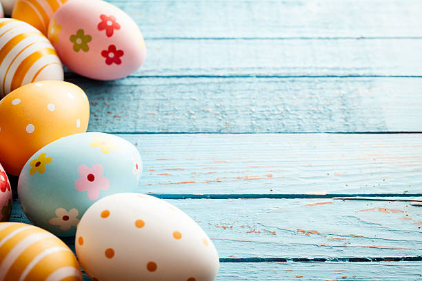 istock Easter Eggs on Old Blue Wood - Season Background Frame 466445768