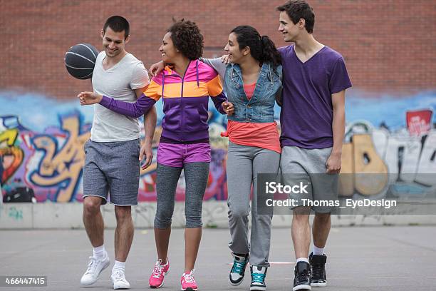 Group Of Friends On Basketball Court Stock Photo - Download Image Now - 20-24 Years, Adult, Adults Only