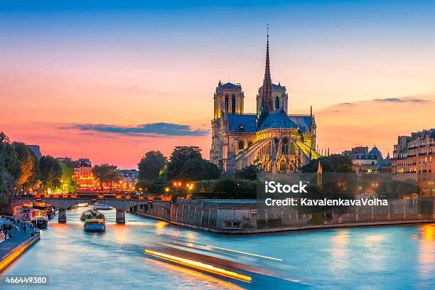 Cathedral Of Notre Dame De Paris At Sunset France Stock Photo - Download Image Now - 2015, Architecture, Blue