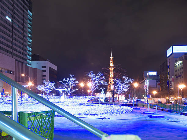 istock Illuminated Sapporo Tv tower and central park in the new year night 466449430