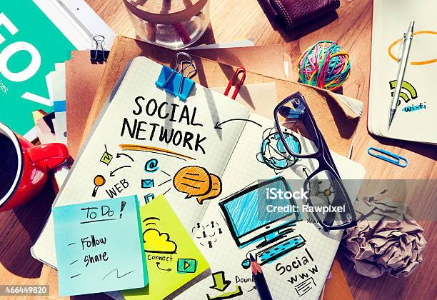 Office Table With Social Media Concept Stock Photo - Download Image Now - Connection, Social Issues, Strategy