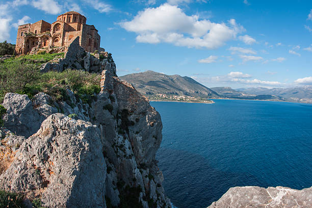 Medieval church  at Monemvasia, Peloponnese, Greece Medieval church  at the upper town of Monemvasia and seaview, Peloponnese, Greece monemvasia stock pictures, royalty-free photos & images